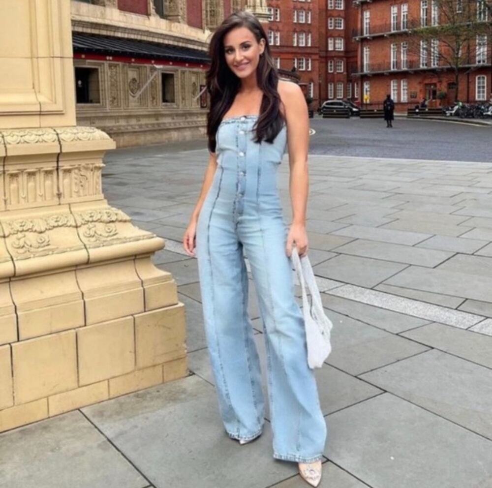 ZARA Jumpsuit Medium Strapless Denim Light Wash Elastic Bust Wide Leg Western